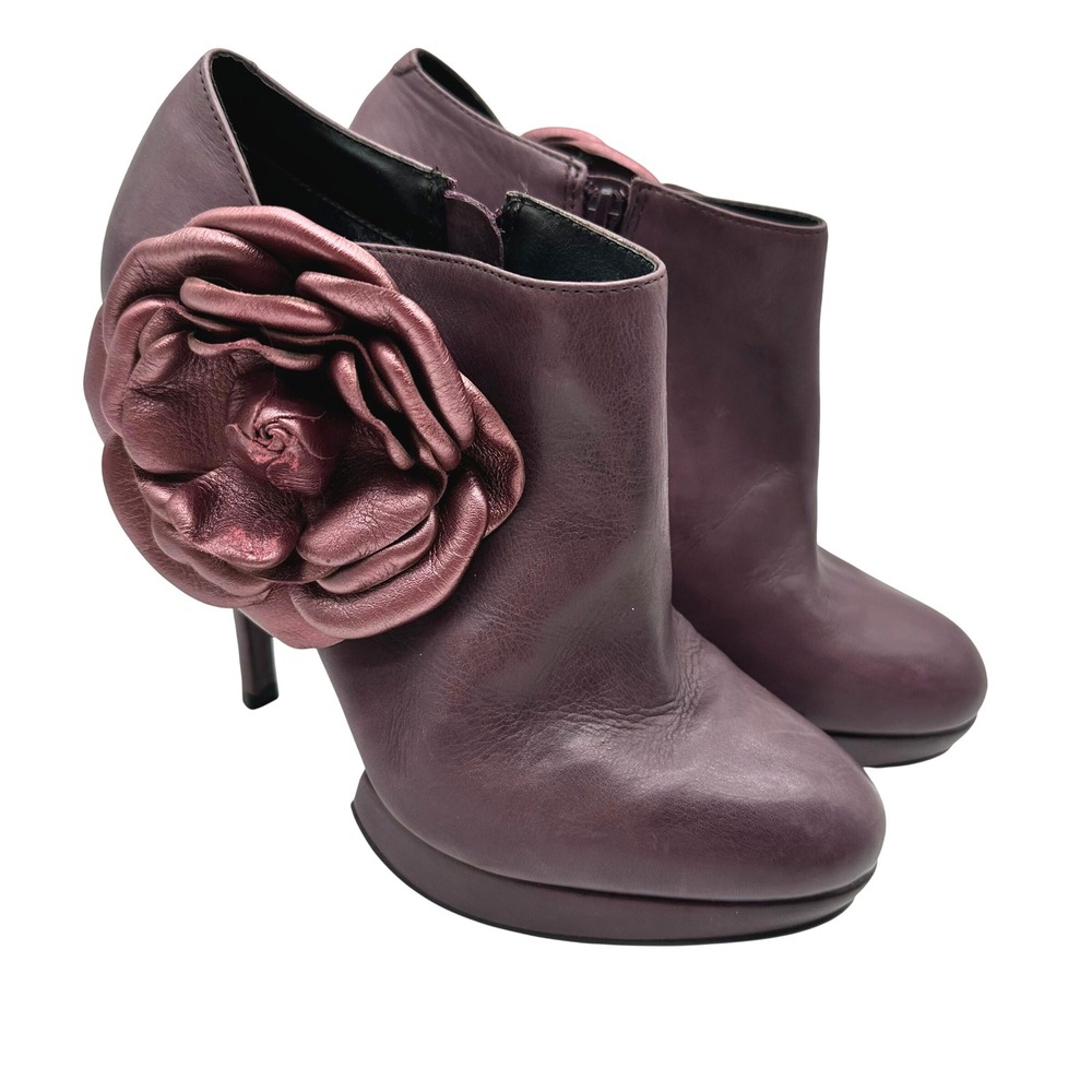 Kelsi Dagger Plum Purple Leather Roseabella Flower Platform Stiletto Booties 6.5